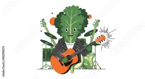 A Kale Musician: Rocking Out with his Guitar on a Black Background