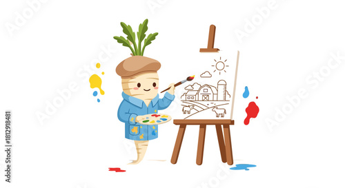 A Radiantly Cheerful Vegetable Artist Painting a Blissful Countryside Scene