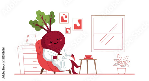 A Relaxed Beetroot Character Enjoys a Cozy Moment, Sipping a Warm Drink Indoors.