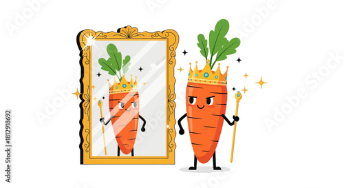 A Royal Carrot Admiring Self In A Regal Mirror With Sparkling Symbols On Black Backdrop