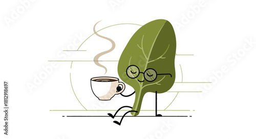 A Leafy Character Enjoying A Cup Of Coffee In A Minimalist Black Background