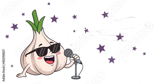A Singing Animated Garlic Performing Music In A Dark Space With Star Decorations