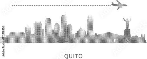Quito Skyline Silhouette with Airplane and Travel Line