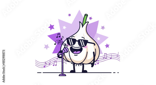 A Singing Garlic Character with Sunglasses, A Musical Performance On Black Background