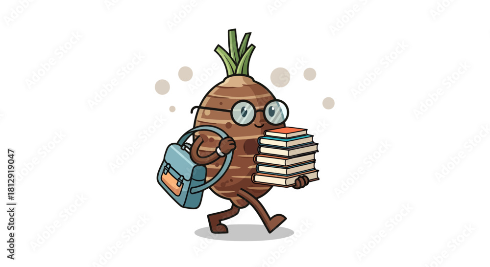 Fototapeta premium A Smart Taro Root Character Walking With Books And A Bag Black Background