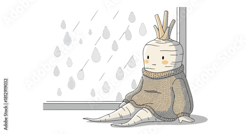 A Lonely Parsnip Character Watches the Rain Fall Through the Window Silently