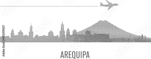 Arequipa Cityscape with Volcano and Airplane Silhouette