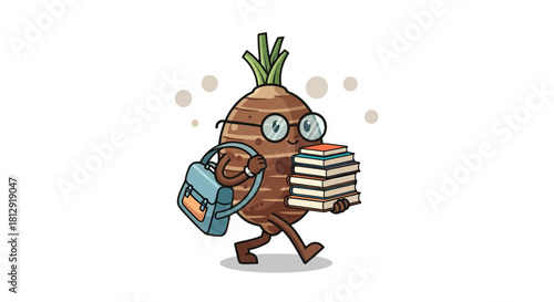 A Smart Taro Root Character Walking With Books And A Bag Black Background