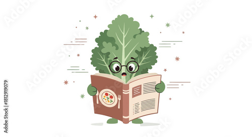 A Smart Vegetable Character Reading Food-Related Literature With A Curious Expression