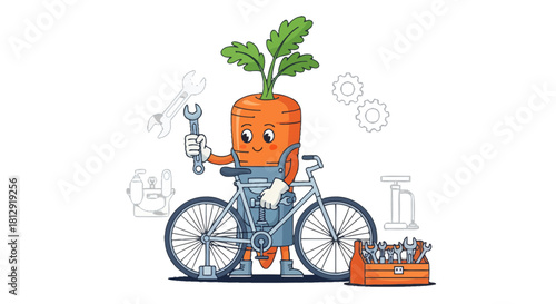 A Smiling Carrot Character Repairs a Bicycle with Cute Tools for a Fun Perspective