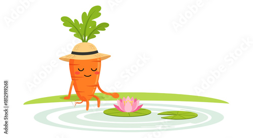 A Smiling Carrot Enjoying Peaceful Moments Floating Near A Blooming Lotus Flower