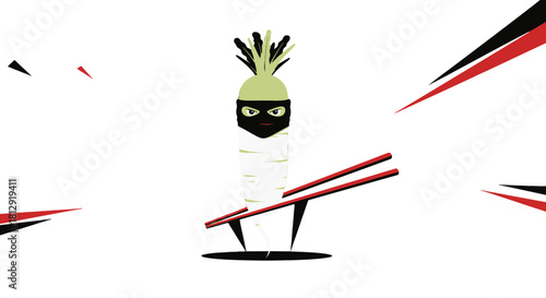 A Ninja Radish, Holding Chopsticks, With Bold Colors Against A Black Background