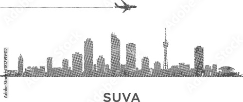 Suva City Skyline Silhouette with Airplane Trail