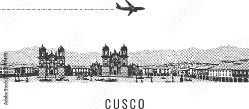 Cusco Cityscape with Airplane Illustration
