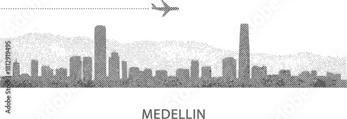 Medellin Skyline Silhouette with Airplane and Dots