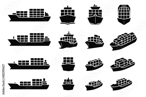 Cargo Container Ship Icons in Black Silhouette Style with Side, Front, Top and Diagonal Views on White Background for Logistics and Maritime Themes