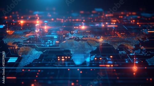 Abstract digital world map with glowing data points and circuits