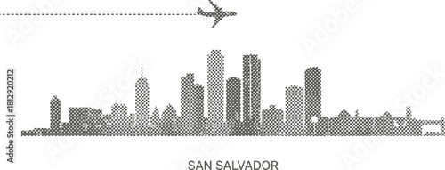 San Salvador Skyline with Airplane and Dotted Flight Path