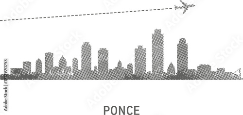 Ponce Skyline Silhouette with Airplane and Flight Path