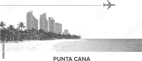 Punta Cana beach skyline with airplane in dotted line style