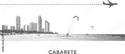Cabarete Skyline with Kitesurfers and Airplane Silhouette