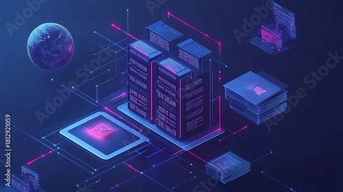 Isometric view of futuristic digital data center server rack infrastructure