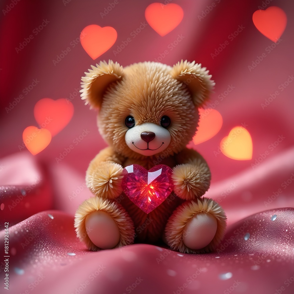Fototapeta premium Cute Teddy Bear Holding Heart on Red Background with Love Symbols, Romantic Concept