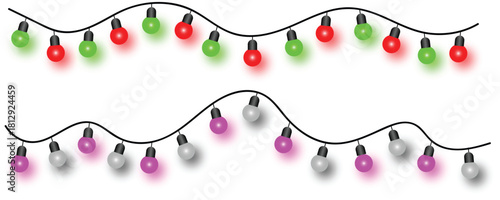 Colorful Festive String Lights Decoration – Red, Green, Purple & White Bulb Garland for Celebrations and Parties Isolated on White Background