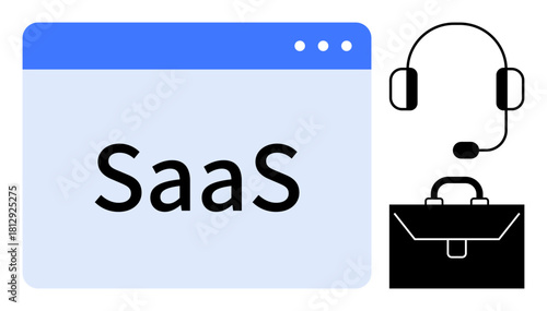 SaaS in a browser window beside a headset and briefcase. Ideal for technology, business, collaboration, software solutions, customer support, innovation, remote work. Simple flat metaphor