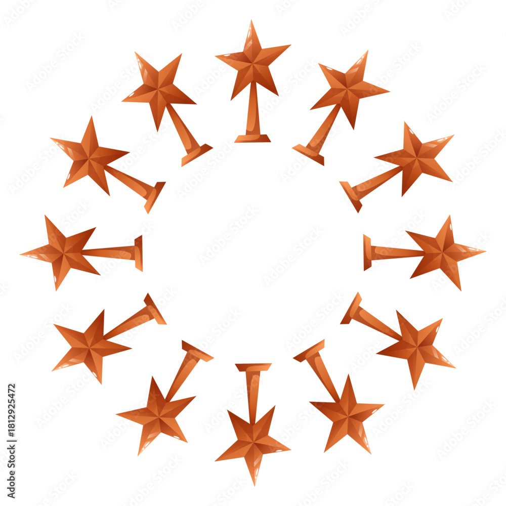 Obraz premium A circular frame made of trophies in bronze colors. The trophies are star shaped and arranged evenly around the circle.