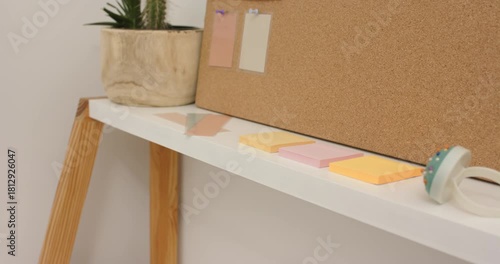 Camera panning across desk shelf showcasing succulent, cork board, sticky notes, tape dispenser