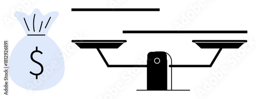 Money bag and balance scale side by side, symbolizing financial choices, value comparison, and resource management. Ideal for finance, economics, investment, budgeting, savings decision-making