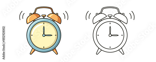 Cartoon vector illustration of a retro ringing alarm clock in light blue and yellow colors with a bell and arrows
