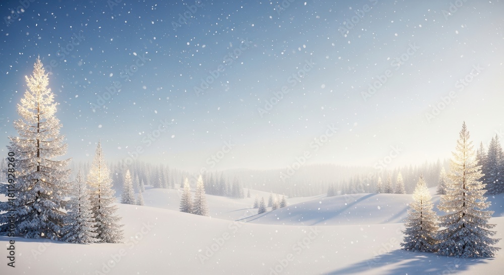 Fototapeta premium Serene winter landscape with snow-covered pines.