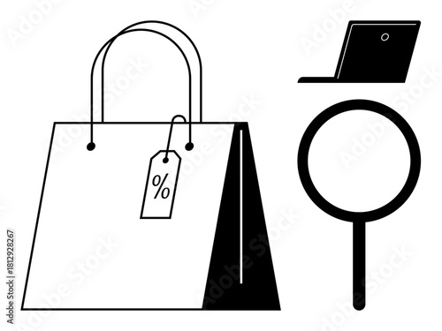 Shopping bag with percentage tag, magnifying glass, and laptop visualizing online shopping, retail research, e-commerce marketing, sales strategy, customer insight, discount trends, simple flat