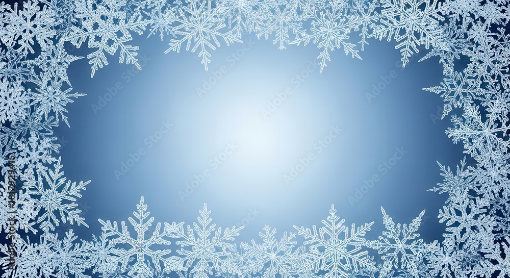 Fototapeta premium Winter snowflake frame with a frosty blue background.
