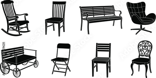 Collection of Various Chairs, Benches, and Seating Designs for Home, Garden, and Interior Decoration Vector.