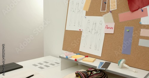 Camera starting slow pan across design desk and corkboard, revealing pinned sketches and swatches