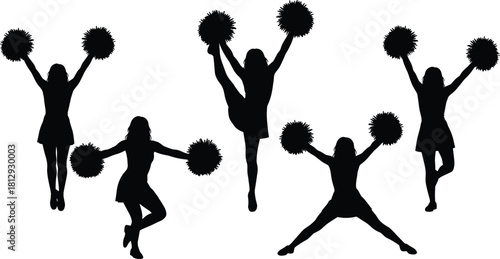 Energetic Women Posing with Pom Poms, Performing Cheers, Jumps, and Athletic Dance Routines Vector.
