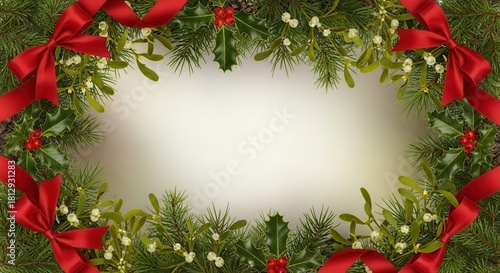 Wallpaper Mural Festive holiday wreath with red ribbons and greenery. Torontodigital.ca