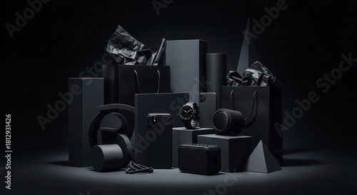 Elegant assortment of black technology gadgets and premium gift items, artfully arranged on a dark background for a sophisticated and modern presentation