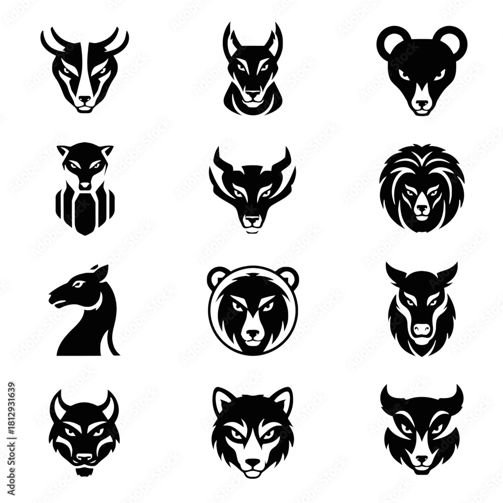 Obraz premium Collection of Twelve Stylized Animal Head Icons in Black and White.