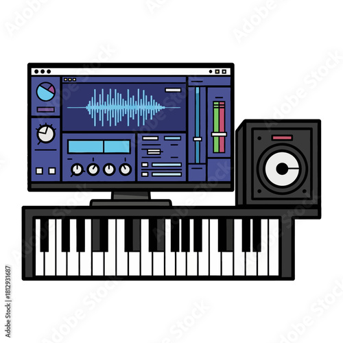Digital Music Production Setup with Keyboard and Monitor.