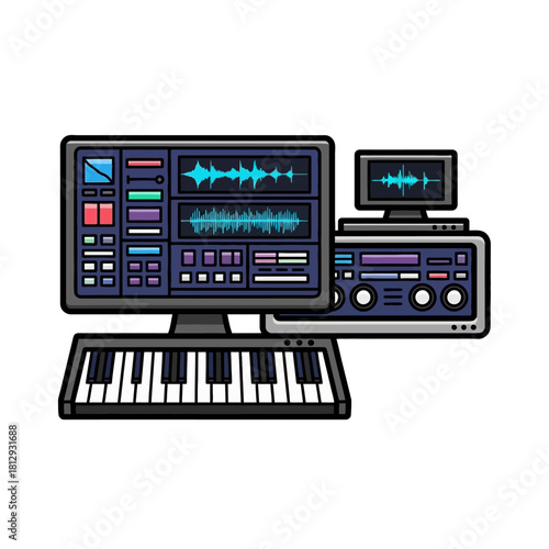 Digital Music Production Setup with Synthesizer and Monitors.