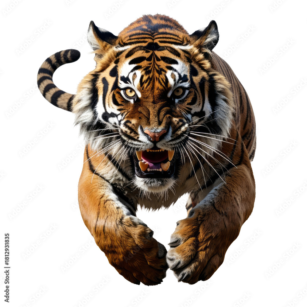 Fototapeta premium Angry aggressive tiger running forward. fierce wild animal roaring towards camera, isolated on transparent background for design
