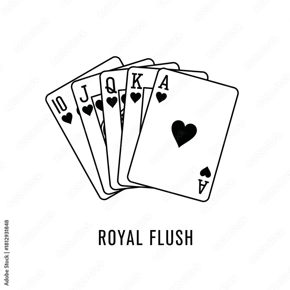 Obraz premium Illustration of a Royal Flush poker hand in black and white.
