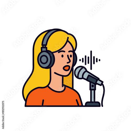 Woman with headphones speaking into microphone recording podcast.