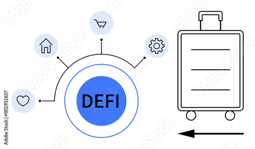 Decentralized finance ation. DEFI connects financial concepts thumbs up home, shopping, and settings with a wallet icon. Decentralized finance revolutionizes digital transactions. For fintech