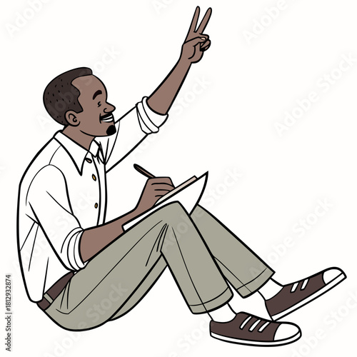 "Cartoon of an African man in a dress shirt, sitting cross-legged with a clipboard, giving a thumbs-up, pure white background."
