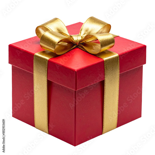 Joyful red gift box with gold ribbon and bow. beautiful present for surprise celebration, isolated on transparent background